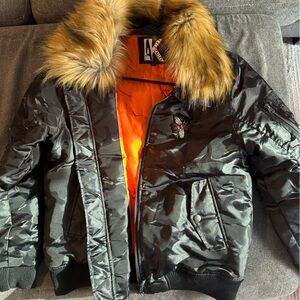 Black and orange faux fur bomber jacket